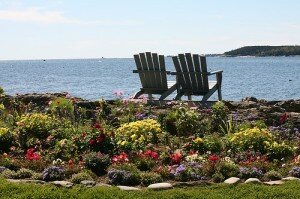 two adirondack chairs on Maine coast two adirondack chairs on Maine coast